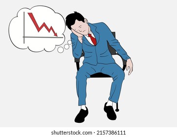 Ein Mann sitzt traurig in einem Stuhl und denkt über seinen fallenden Stock nach.