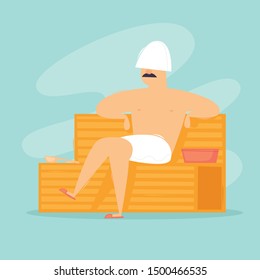 Man is sitting in the sauna. Flat design vector illustration.