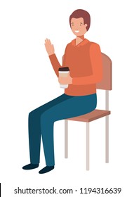 man sitting in school chair drinking coffee