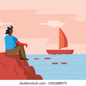 man sitting at sea shore backside watching ship