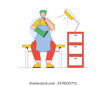 Man is sitting sewing shoes, Craftsman leather. Character design. Vector flat illustration