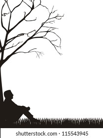 man sitting silhouette over grass, white background. vector
