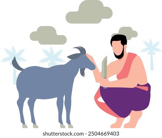 A man is sitting to slaughter a goat.