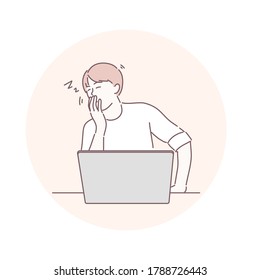 Man sitting and sleep or yawn in front of laptop. Boring, tired, work hard concept. Hand drawn character style vector.