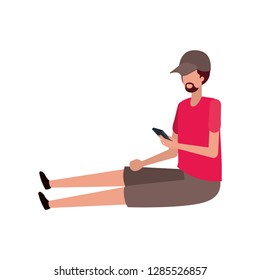 man sitting with smartphone avatar character
