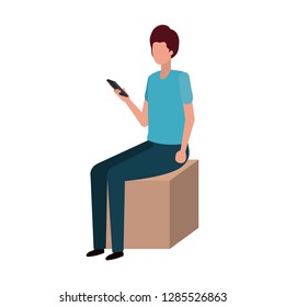 man sitting with smartphone avatar character