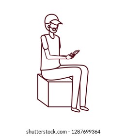 man sitting with smartphone avatar character