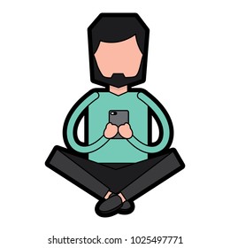 man sitting with smartphone in her hands