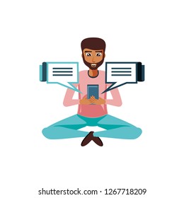 man sitting with smartphone and speech bubbles