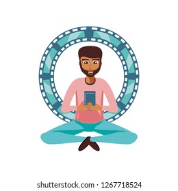 man sitting with smartphone and video tape