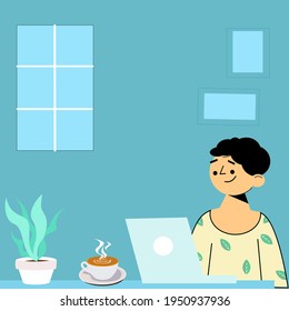 El hombre sentado y sonriente trabajando en el café de casa puso sobre la mesa dentro de la casa azul. diseño vectorial.

