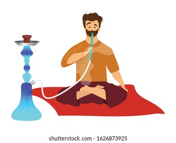 Man sitting and smoking hookah flat color vector faceless character. Tourist with egyptian sheesha, hooka. Eastern traditional habit, arabian smoking culture isolated cartoon illustration on white