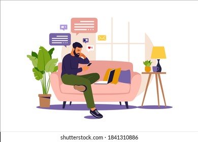 Man sitting in a sofa and working online at home. Freelance, online education or social media concept. Vector illustration isolated on white. Flat style.