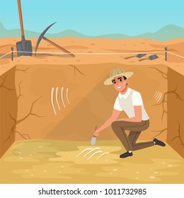 Man sitting in square pit and sweeping dirt from skeleton s bones. Excavations of ancient burial. Archaeological tools. Sky and desert on background. Flat vector design