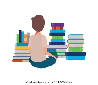 man sitting with stack of books