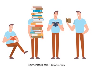 Man sitting, standing reading, holding a huge stack of books. Cartoon flat vector illustration isolated on white background.