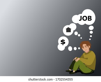 The man is sitting and stressed. And thinking about things Installment payments for housing, money, and unemployment.corona virus,covid-19,vector,illustration.