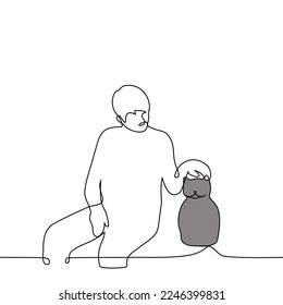 man sitting and stroking a fat gray cat - one line drawing vector. concept male cat lover caresses a pet