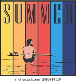 A man is sitting with surfboard on colorful background. Vector illustration.
