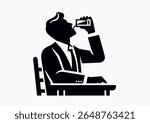 Man sitting at table alone drinks an alcoholic drink in restaurant attempt to relieve stress and relax. Illustration of person using alcohol. Alcohol dependence. Icon, pictogram, signs, vector, flyer