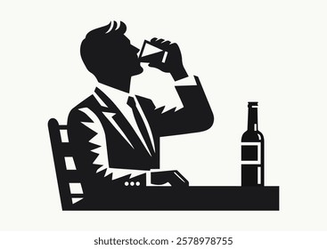 A man sitting at table alone drinks an alcoholic drink in attempt to relieve stress and relax. Illustration of person using alcohol. Alcohol dependence. Icon, pictogram, signs, vector, symbol, flyer