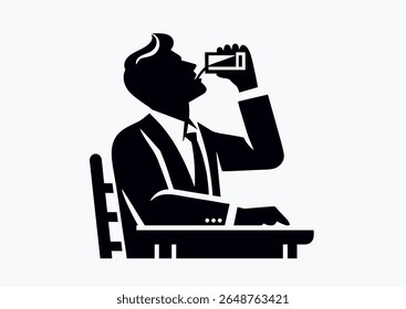 Homem sentado à mesa sozinho bebe uma bebida alcoólica no restaurante tentar aliviar o estresse e relaxar. Ilustração de pessoa usando álcool. Dependência alcoólica. Ícone, pictograma, sinais, vetor, folheto