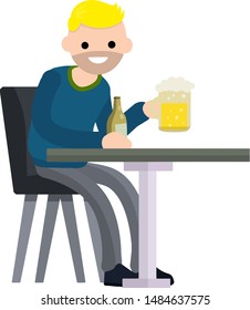 Man sitting at table with bar with a bottle of beer. Rest and lifestyle. Problems and alcoholism. Happy guy.