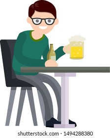 Man sitting at table with bar with bottle of beer. Rest and lifestyle. Problems and alcoholism. Happy guy. Cartoon flat illustration