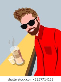 A man is sitting at the table in a cafe with a cup of coffee