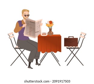 Man sitting at table in cafe and reading newspaper vector illustration