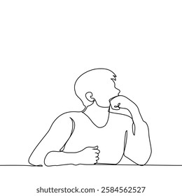 man sitting at table close-up in profile deep in thought or staring, propping his chin on his fist - one line art vector. Handmade vector not AI