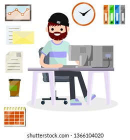 Man sitting at table with computer and monitor. Cup of coffee and books. Freelance typing message. Programmer at work. Hobbies and Internet. Cartoon flat illustration. Office set collection.