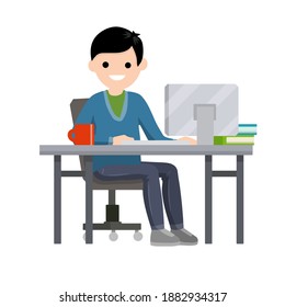 Man sitting at table with computer and monitor. Cup of coffee and books. Programmer at work at home. Hobbies and entertainment on Internet. Cartoon flat illustration. Freelance typing message