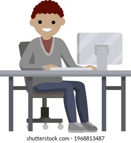 Man sitting at table with computer and monitor. Cup of coffee and books. Programmer at work at home. Hobbies and entertainment on Internet. Cartoon flat illustration. Freelance typing message