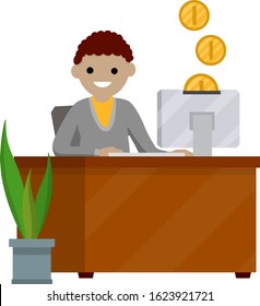 Man sitting at table with computer. Online income and salary. Piggy Bank and gold coins. Online shopping in the store. Cartoon flat illustration. Work freelance and programmer