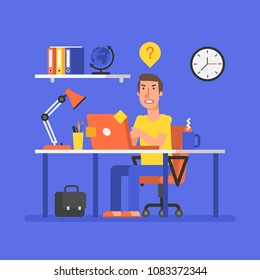 Man is sitting at table with computer and ran into problem. Vector illustration.
