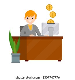 Man sitting at table with computer and typing text message. Employee at work in office. Gold Coins are falling in money box in monitor. Online earnings. Salary on Internet.