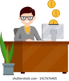Man sitting at table with computer and typing text message. Employee at work in office. Online earnings. Salary on Internet. Cartoon flat illustration. Gold Coins are falling in money box in monitor