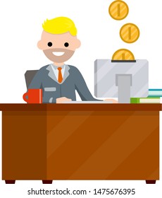Man sitting at table with computer and typing text message. Gold Coins are falling in money box in monitor. Salary on Internet. Cartoon flat illustration. Employee at work in office. Online earnings