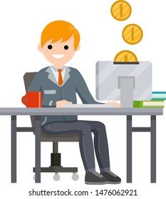 Man sitting at table with computer and typing text message. Gold Coins are falling in money box in monitor. Salary on Internet. Cartoon flat illustration. Employee at work in office. Online earnings