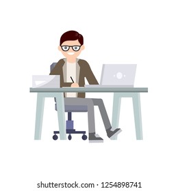 Man sitting at a table with a computer and writing with a pen. Nerd Freelancer writer at work. Profession designer. Paper files of documents. The guy with the laptop. Cartoon flat illustration.