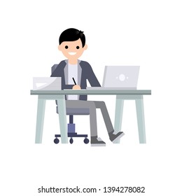 Man sitting at a table with a computer and writing with a pen. Freelancer writer at work. Profession designer. Paper files of documents. The guy with the laptop. Cartoon flat illustration