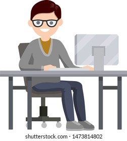 Man sitting at a table with a computer and writing with a pen. Freelancer writer at work. Profession designer. The guy with the laptop. Cartoon flat illustration