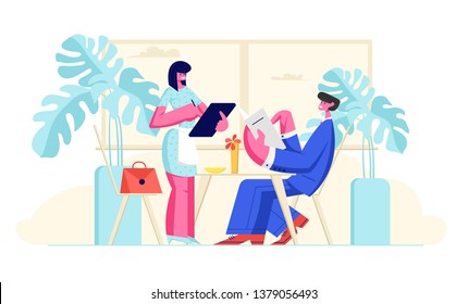 Man Sitting at Table in Cozy Restaurant Ordering Meal. Waitress Writing Order in Notebook. Hospitality Service, Customer Visiting Cafe on Vacation or Weekend Leisure. Cartoon Flat Vector Illustration