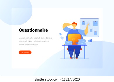 Man sitting at Table with Desktop Computer and Think Flat vector illustration. Landing Page design template.