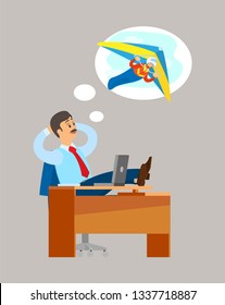 Man sitting at table and dreaming about extreme flying sport, hang gliding activity. Work place table and laptop, worker in suit and tourism mind vector