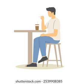 A man is sitting at a table with a drink and a straw, looking to the right.