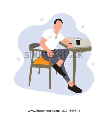 Man sitting at table and drinking coffee. Vector illustration in flat style