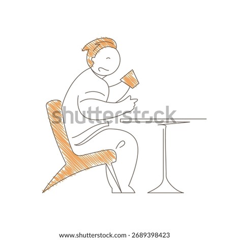 Man sitting at a table drinking steaming coffee. Relaxed forward lean and satisfied expression convey peaceful cafe break, simple pleasure and warm beverage moment. Line art vector illustration