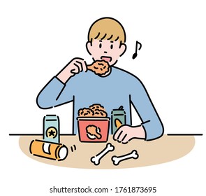 A man is sitting at a table and eating chicken and beer. hand drawn style vector design illustrations. 